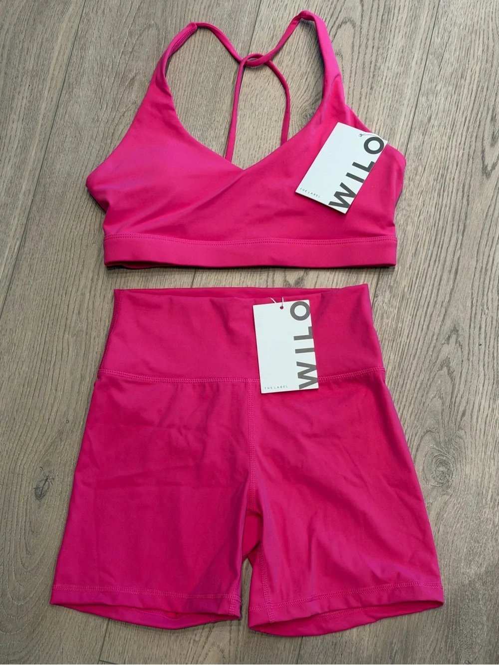 Wilo The Label Sports Bra & Ruched Biker Short Set Pink S NWT